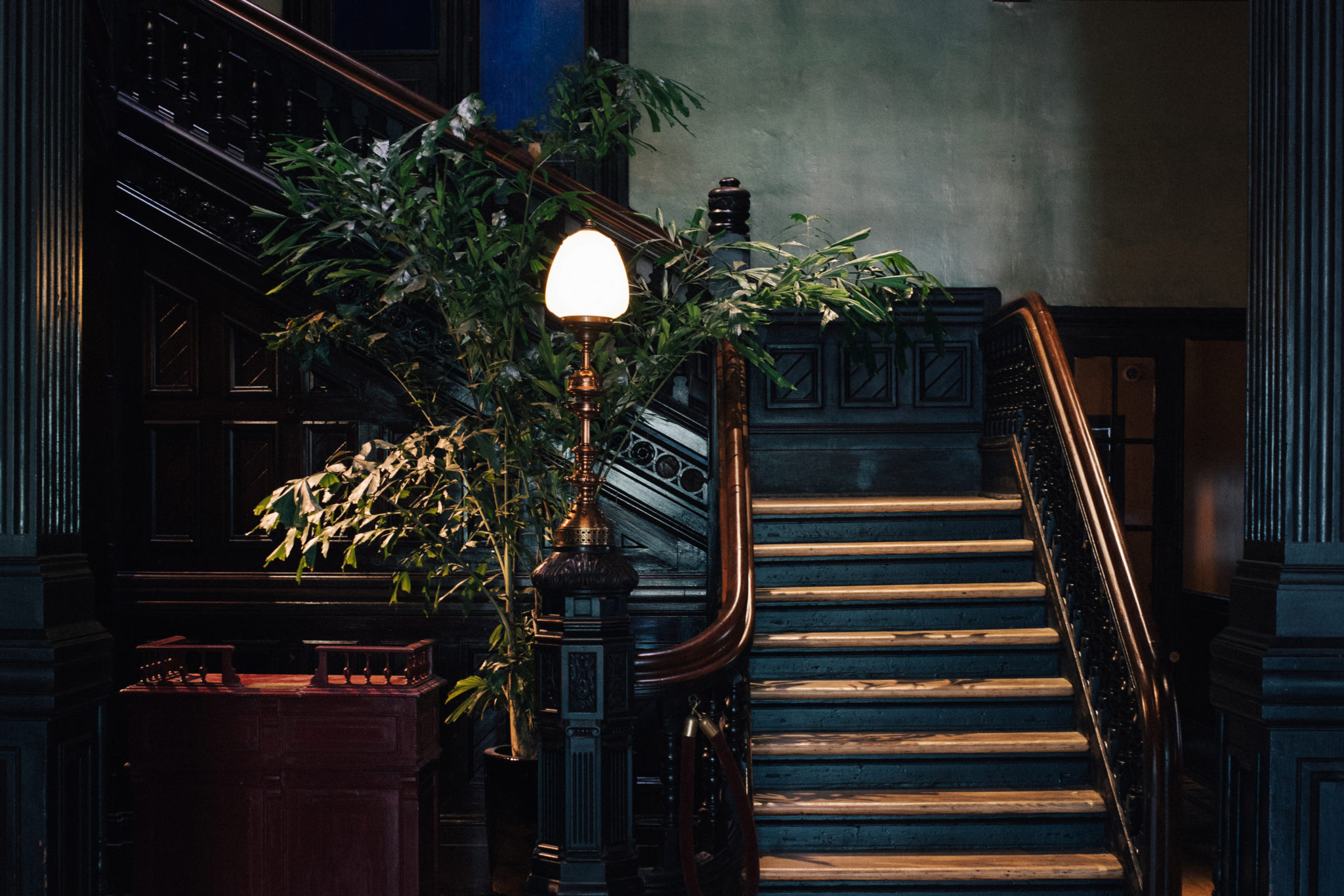 A staircase with a wooden railing and a lamp with a plant on the side